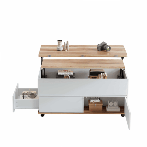 Mesa de centro 100x98x65 cm - Elevável com arrumação e rodas - Branco e madeira natural Mesa de centro 100x98x65 cm - Elevável com arrumação e rodas - Branco e madeira natural