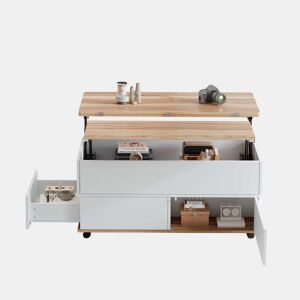 Mesa de centro 100x98x65 cm - Elevável com arrumação e rodas - Branco e madeira natural