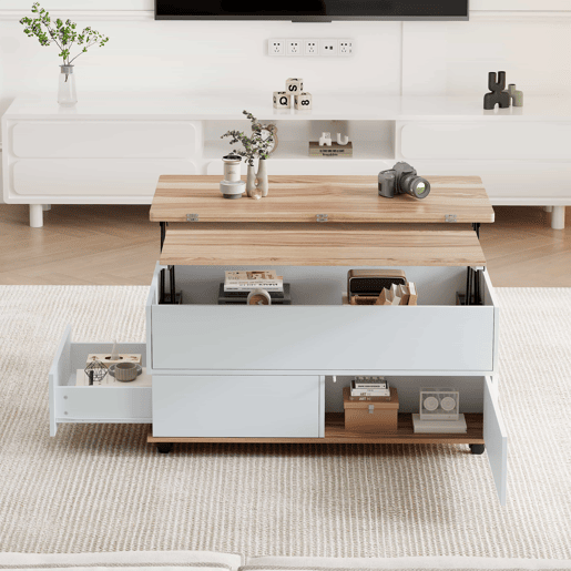 Mesa de centro 100x98x65 cm - Elevável com arrumação e rodas - Branco e madeira natural Mesa de centro 100x98x65 cm - Elevável com arrumação e rodas - Branco e madeira natural
