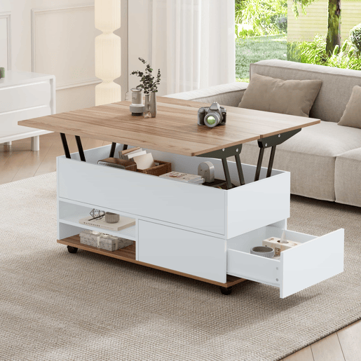 Mesa de centro 100x98x65 cm - Elevável com arrumação e rodas - Branco e madeira natural Mesa de centro 100x98x65 cm - Elevável com arrumação e rodas - Branco e madeira natural