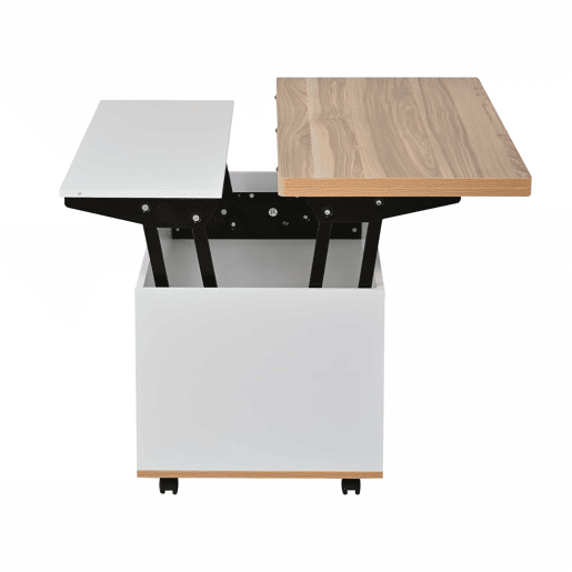 Mesa de centro 100x98x65 cm - Elevável com arrumação e rodas - Branco e madeira natural Mesa de centro 100x98x65 cm - Elevável com arrumação e rodas - Branco e madeira natural