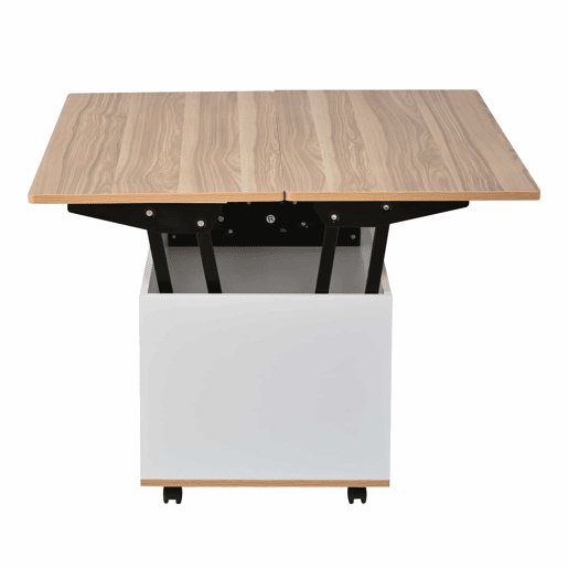 Mesa de centro 100x98x65 cm - Elevável com arrumação e rodas - Branco e madeira natural Mesa de centro 100x98x65 cm - Elevável com arrumação e rodas - Branco e madeira natural