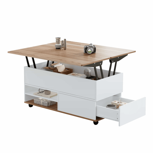 Mesa de centro 100x98x65 cm - Elevável com arrumação e rodas - Branco e madeira natural Mesa de centro 100x98x65 cm - Elevável com arrumação e rodas - Branco e madeira natural