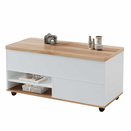Mesa de centro 100x98x65 cm - Elevável com arrumação e rodas - Branco e madeira natural Mesa de centro 100x98x65 cm - Elevável com arrumação e rodas - Branco e madeira natural