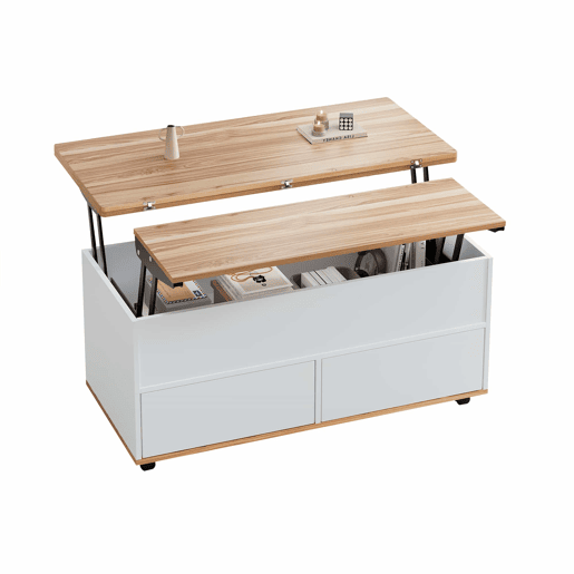Mesa de centro 100x98x65 cm - Elevável com arrumação e rodas - Branco e madeira natural Mesa de centro 100x98x65 cm - Elevável com arrumação e rodas - Branco e madeira natural