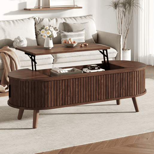 Mesa de centro elevável 120x50x39,5 cm - com 5 prateleiras e arrumação oculta - Nogueira Mesa de centro elevável 120x50x39,5 cm - com 5 prateleiras e arrumação oculta - Nogueira