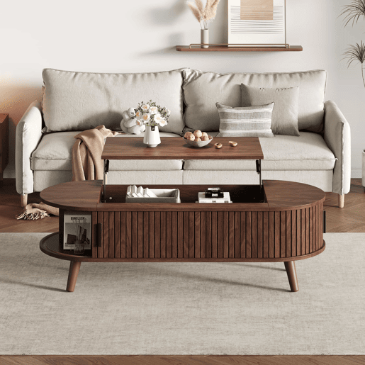Mesa de centro elevável 120x50x39,5 cm - com 5 prateleiras e arrumação oculta - Nogueira Mesa de centro elevável 120x50x39,5 cm - com 5 prateleiras e arrumação oculta - Nogueira