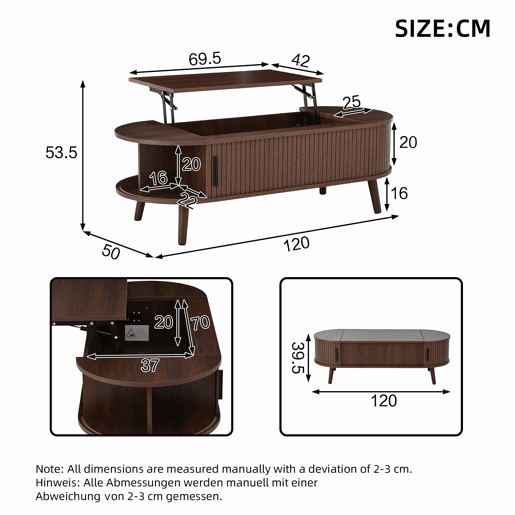 Mesa de centro elevável 120x50x39,5 cm - com 5 prateleiras e arrumação oculta - Nogueira Mesa de centro elevável 120x50x39,5 cm - com 5 prateleiras e arrumação oculta - Nogueira
