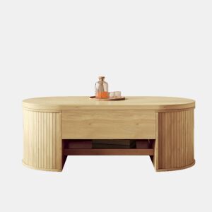 Mesa de centro elevável - com laterais de madeira curvadas, prateleira extensível, design multifuncional - cor madeira