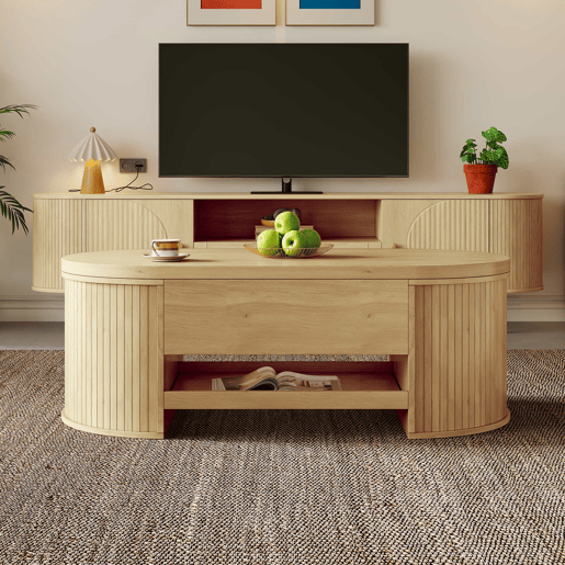 Mesa de centro elevável - com laterais de madeira curvadas, prateleira extensĂvel, design multifuncional - cor madeira Mesa de centro elevável - com laterais de madeira curvadas, prateleira extensĂvel, design multifuncional - cor madeira