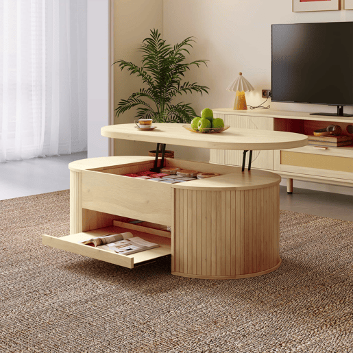 Mesa de centro elevável - com laterais de madeira curvadas, prateleira extensĂvel, design multifuncional - cor madeira Mesa de centro elevável - com laterais de madeira curvadas, prateleira extensĂvel, design multifuncional - cor madeira