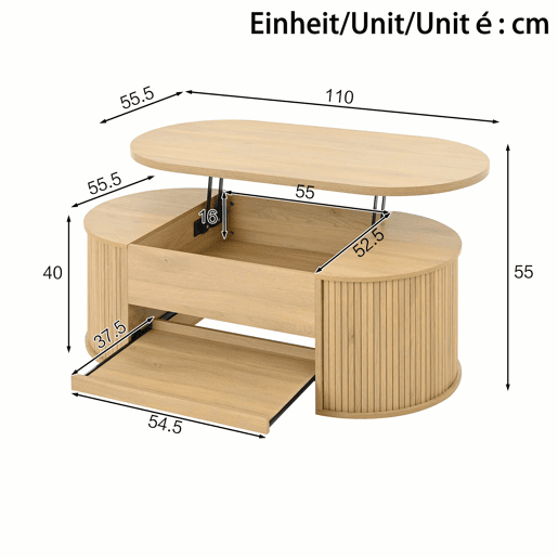Mesa de centro elevável - com laterais de madeira curvadas, prateleira extensĂvel, design multifuncional - cor madeira Mesa de centro elevável - com laterais de madeira curvadas, prateleira extensĂvel, design multifuncional - cor madeira