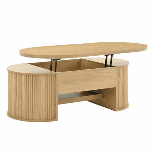 Mesa de centro elevável - com laterais de madeira curvadas, prateleira extensĂvel, design multifuncional - cor madeira Mesa de centro elevável - com laterais de madeira curvadas, prateleira extensĂvel, design multifuncional - cor madeira