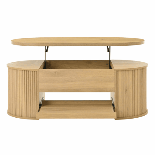 Mesa de centro elevável - com laterais de madeira curvadas, prateleira extensĂvel, design multifuncional - cor madeira Mesa de centro elevável - com laterais de madeira curvadas, prateleira extensĂvel, design multifuncional - cor madeira