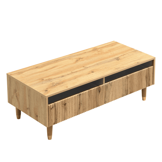 Mesa de centro LED - Com tampo ondulado com gavetas, pernas douradas de madeira, 2 gavetas, luz LED mutável
