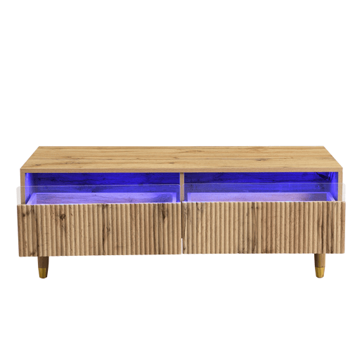 Mesa de centro LED - Com tampo ondulado com gavetas, pernas douradas de madeira, 2 gavetas, luz LED mutável