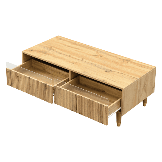 Mesa de centro LED - Com tampo ondulado com gavetas, pernas douradas de madeira, 2 gavetas, luz LED mutável
