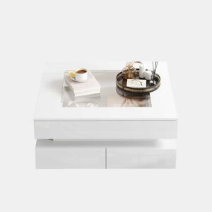 Mesa de centro 70x70x35cm - LED, 3 gavetas, vidro, alto brilho - Branco