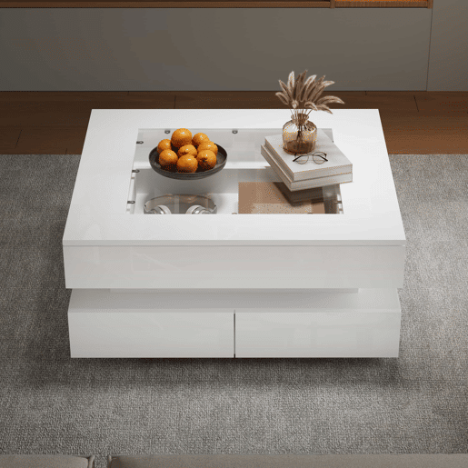 Mesa de centro 70x70x35cm - LED, 3 gavetas, vidro, alto brilho - Branco Mesa de centro 70x70x35cm - LED, 3 gavetas, vidro, alto brilho - Branco