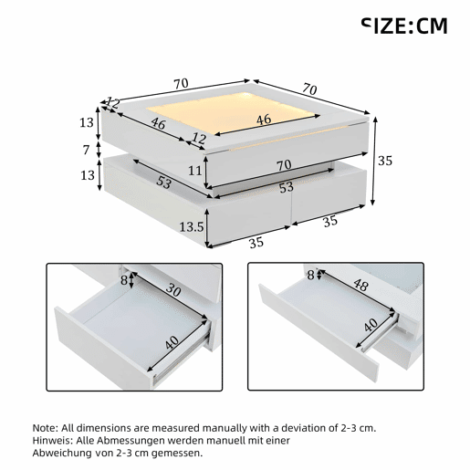 Mesa de centro 70x70x35cm - LED, 3 gavetas, vidro, alto brilho - Branco Mesa de centro 70x70x35cm - LED, 3 gavetas, vidro, alto brilho - Branco