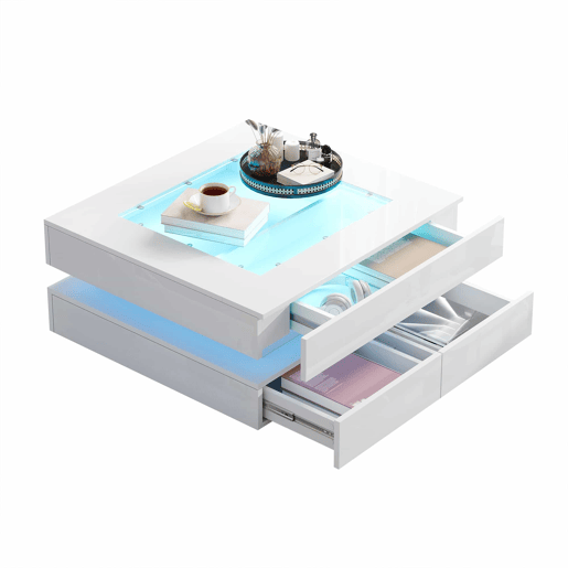 Mesa de centro 70x70x35cm - LED, 3 gavetas, vidro, alto brilho - Branco Mesa de centro 70x70x35cm - LED, 3 gavetas, vidro, alto brilho - Branco