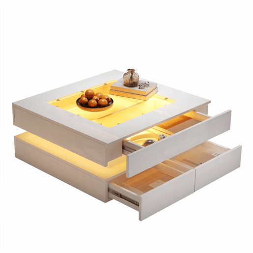 Mesa de centro 70x70x35cm - LED, 3 gavetas, vidro, alto brilho - Branco Mesa de centro 70x70x35cm - LED, 3 gavetas, vidro, alto brilho - Branco