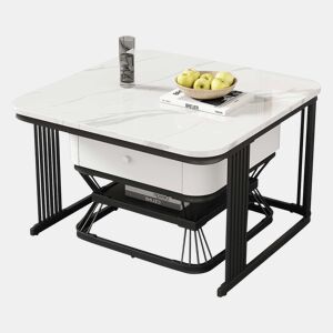 Conjunto de mesa de centro 2 peças - 70x70x45cm + 50x50x40cm - Mesa geométrica, brilhante, com 1 gaveta - Branco+Preto