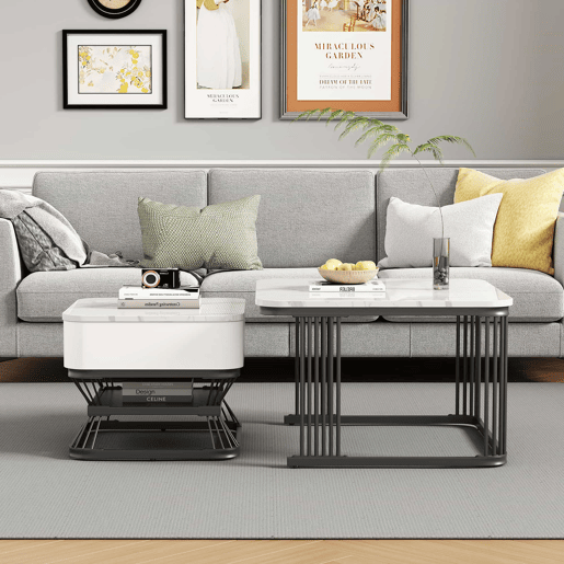 Conjunto de mesa de centro 2 peças - 70x70x45cm + 50x50x40cm - Mesa geométrica, brilhante, com 1 gaveta - Branco+Preto