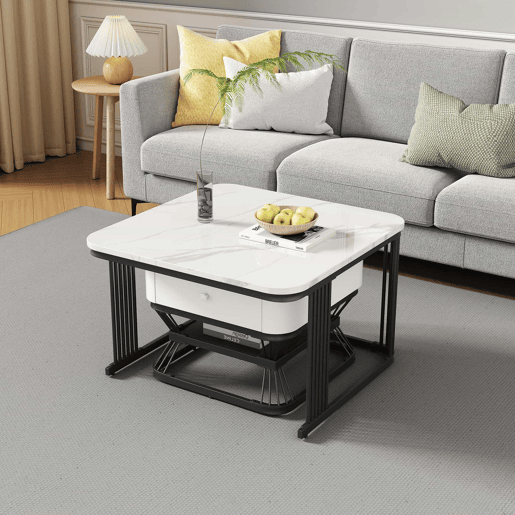 Conjunto de mesa de centro 2 peças - 70x70x45cm + 50x50x40cm - Mesa geométrica, brilhante, com 1 gaveta - Branco+Preto
