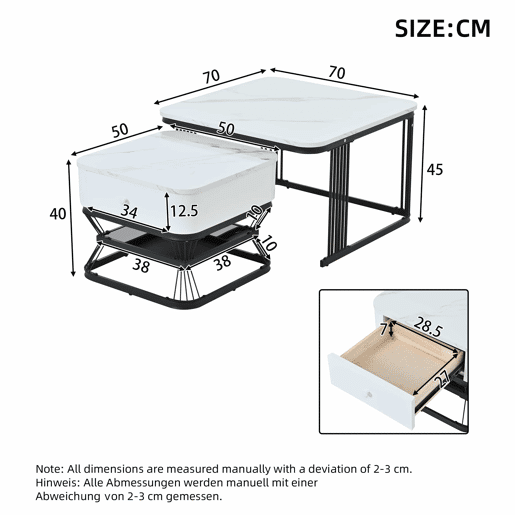 Conjunto de mesa de centro 2 peças - 70x70x45cm + 50x50x40cm - Mesa geométrica, brilhante, com 1 gaveta - Branco+Preto