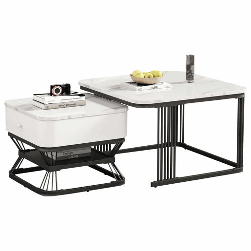 Conjunto de mesa de centro 2 peças - 70x70x45cm + 50x50x40cm - Mesa geométrica, brilhante, com 1 gaveta - Branco+Preto