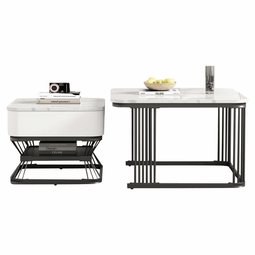 Conjunto de mesa de centro 2 peças - 70x70x45cm + 50x50x40cm - Mesa geométrica, brilhante, com 1 gaveta - Branco+Preto