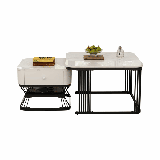 Conjunto de mesa de centro 2 peças - 70x70x45cm + 50x50x40cm - Mesa geométrica, brilhante, com 1 gaveta - Branco+Preto