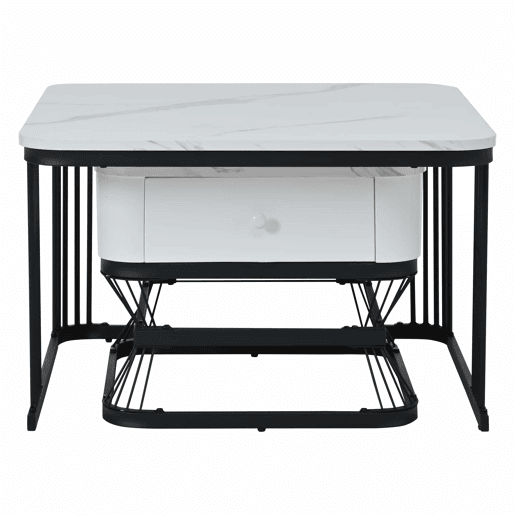Conjunto de mesa de centro 2 peças - 70x70x45cm + 50x50x40cm - Mesa geométrica, brilhante, com 1 gaveta - Branco+Preto