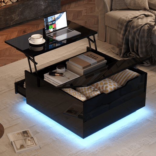 Mesa de centro elevável 707038 cm - Com LED, 1 gaveta, arrumação oculta, preta