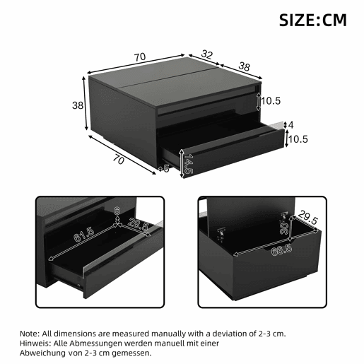 Mesa de centro elevável 707038 cm - Com LED, 1 gaveta, arrumação oculta, preta