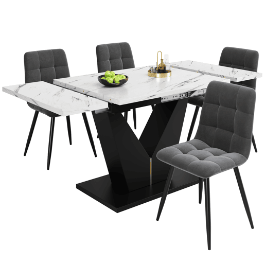 Conjunto de mesa e cadeiras de 5 peças - Mesa extensível, pernas em V pretas, tampo em mármore branco, cadeiras em veludo cinzento
