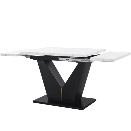 Conjunto de mesa e cadeiras de 5 peças - Mesa extensível, pernas em V pretas, tampo em mármore branco, cadeiras em veludo cinzento