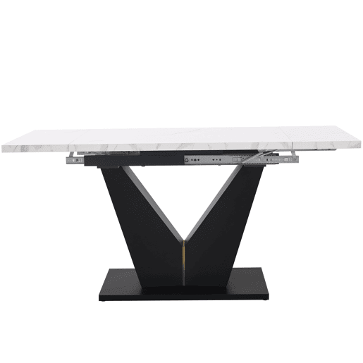 Conjunto de mesa e cadeiras de 5 peças - Mesa extensível, pernas em V pretas, tampo em mármore branco, cadeiras em veludo cinzento