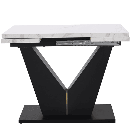 Conjunto de mesa e cadeiras de 5 peças - Mesa extensível, pernas em V pretas, tampo em mármore branco, cadeiras em veludo cinzento