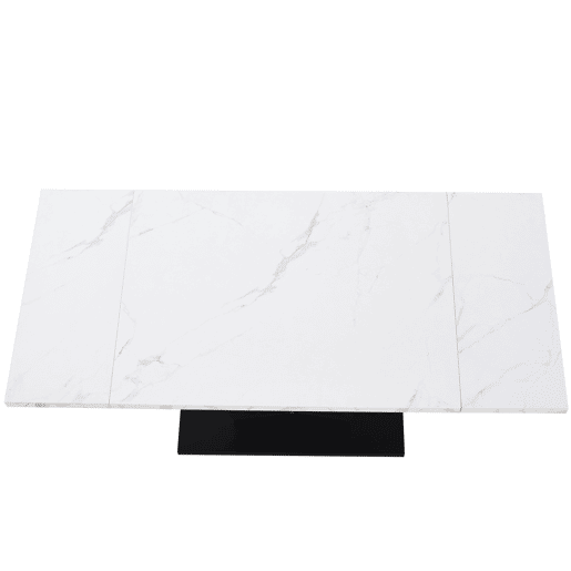 Conjunto de mesa e cadeiras de 5 peças - Mesa extensível, pernas em V pretas, tampo em mármore branco, cadeiras em veludo cinzento