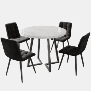 Conjunto de sala de jantar de 5 peças 80 cm - Mesa redonda com pernas metálicas pretas e cadeiras de veludo preto
