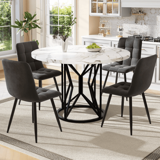 Conjunto de sala de jantar de 5 peças 100 cm - Mesa redonda com 4 cadeiras de veludo cinzento - Preto