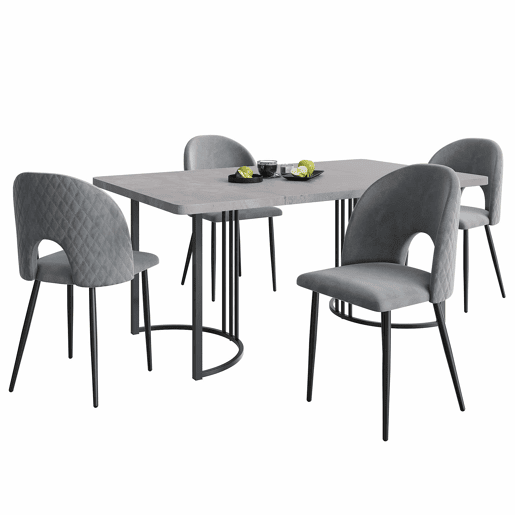 Conjunto de sala de jantar 140x80 cm - Mesa MDF cinzenta com 4 cadeiras de veludo cinzento, pernas pretas