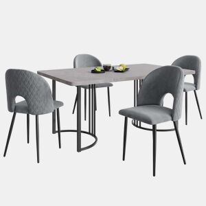 Conjunto de sala de jantar 140x80 cm - Mesa MDF cinzenta com 4 cadeiras de veludo cinzento, pernas pretas