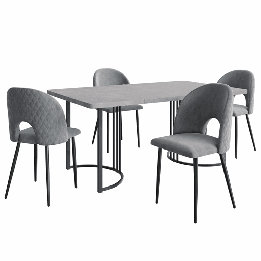 Conjunto de sala de jantar 140x80 cm - Mesa MDF cinzenta com 4 cadeiras de veludo cinzento, pernas pretas