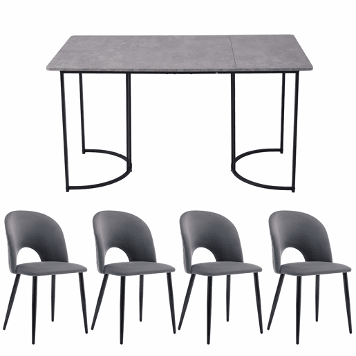 Conjunto de sala de jantar 140x80 cm - Mesa MDF cinzenta com 4 cadeiras de veludo cinzento, pernas pretas