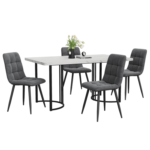 Conjunto de sala de jantar de 5 peças 140x80cm - Mesa com 4 cadeiras de veludo cinza escuro e pernas metálicas pretas