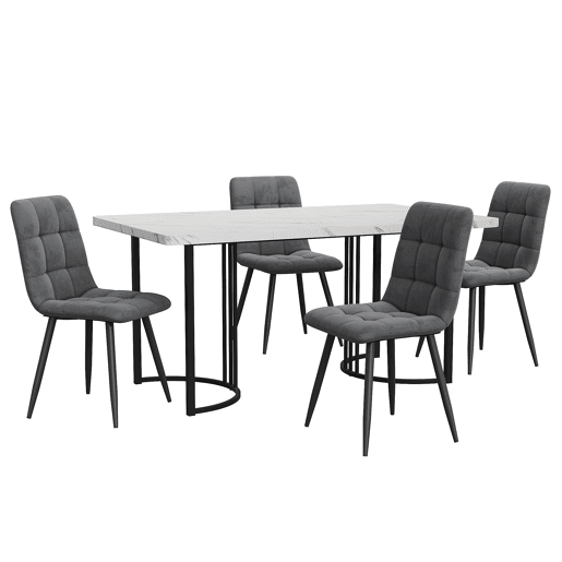 Conjunto de sala de jantar de 5 peças 140x80cm - Mesa com 4 cadeiras de veludo cinza escuro e pernas metálicas pretas