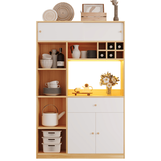 Armário de cozinha de painel de partículas com 4 portas,1 gaveta e luz led,natural+branco